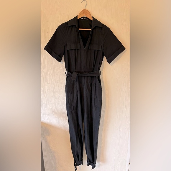 Zara Black Poplin Cargo Boiler Utility Suit Jumpsuit - Picture 3 of 16